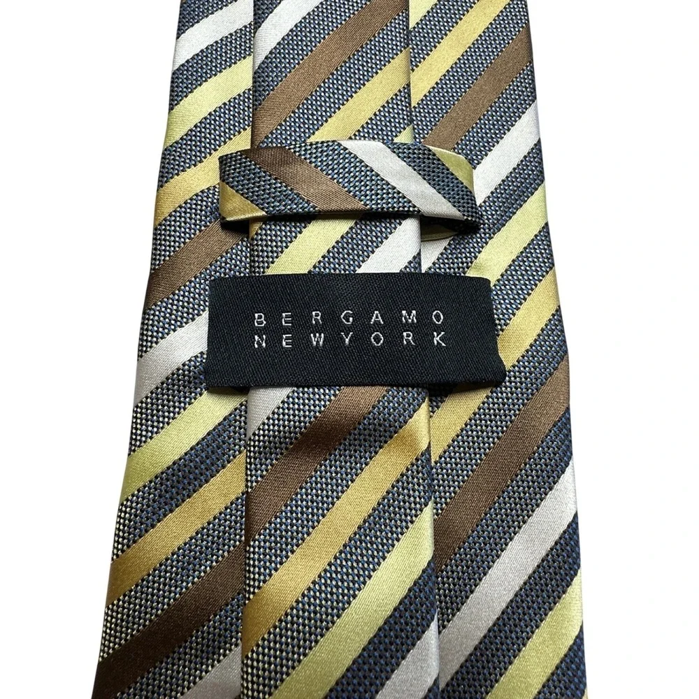 Bergamo New York Mens‎ Striped Necktie Gold Brown Silver Blue Woven Polyester